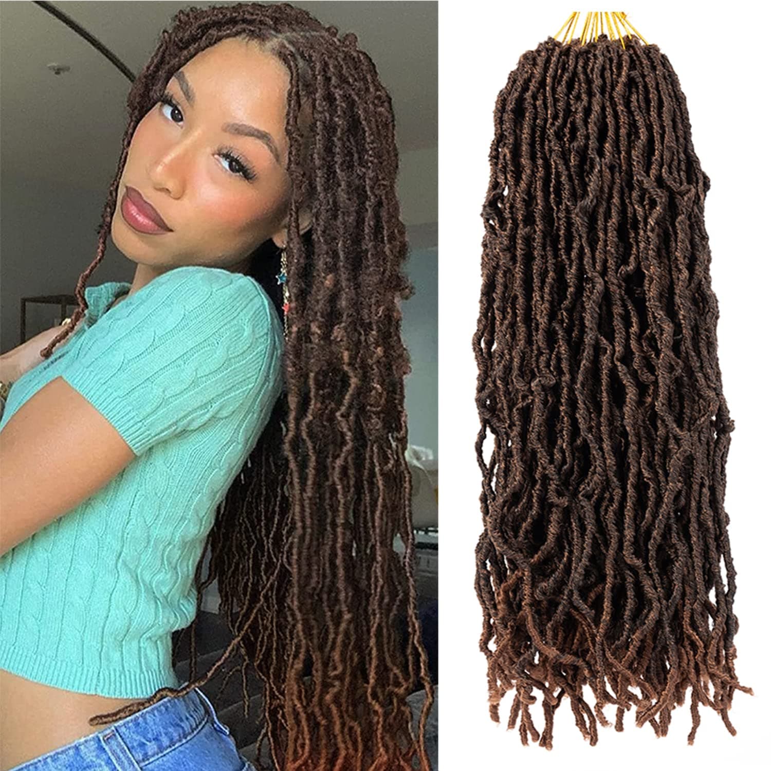 Ubeleco Ombre Brown Faux Locs Crochet Hair, 8 packs Soft Locs 24 inch Extensible Locs Crochet Hair Pre-looped Curly Wavy Synthetic Crochet Hair for Women Soft Locs Crochet Hair (24 inch(8 packs),1B/30)