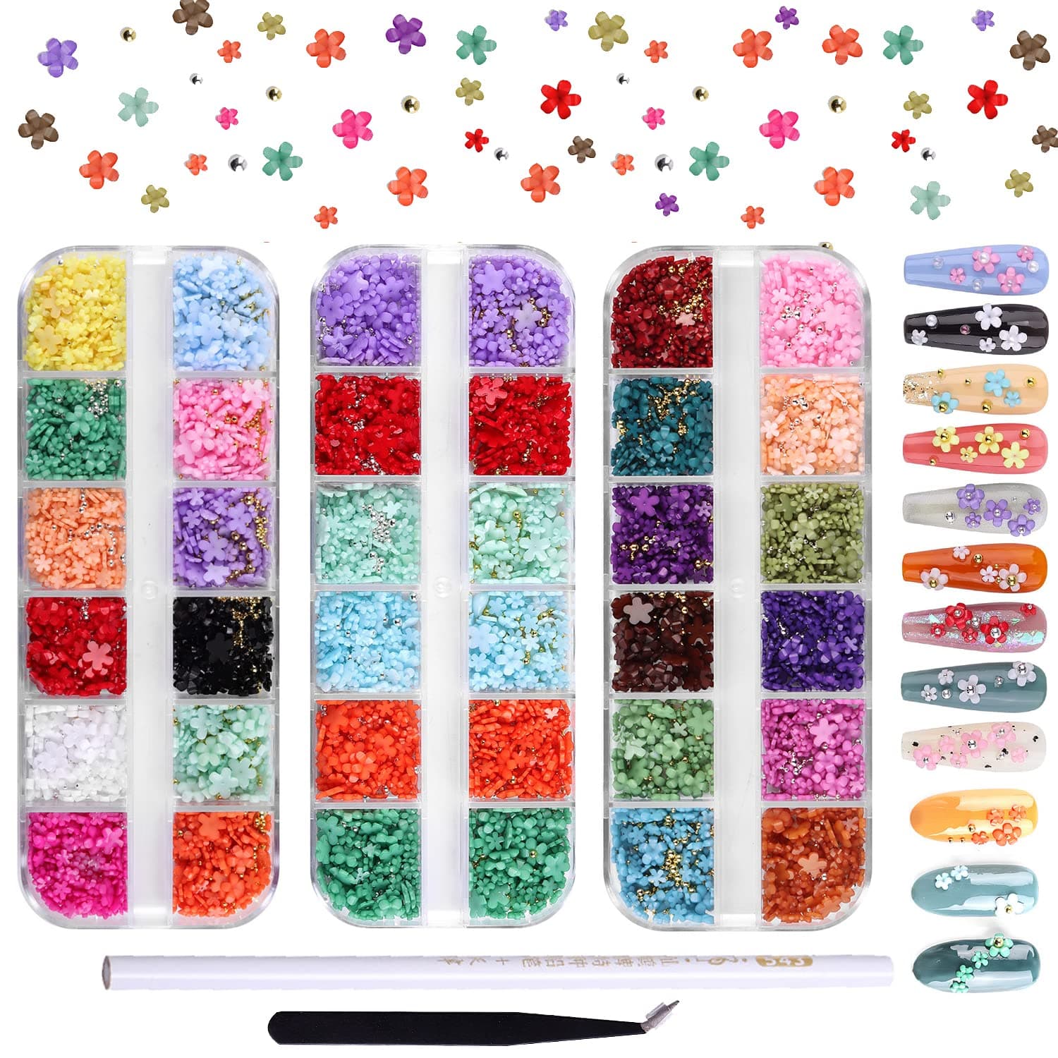 Flymind 3D Flower Nail Charms, 36 Grids Light Change Acrylic Resin Flowers Nail Design Metal Caviar Beads for Manicure DIY Decoration with Pickup Pencils tweezer for Women Girls