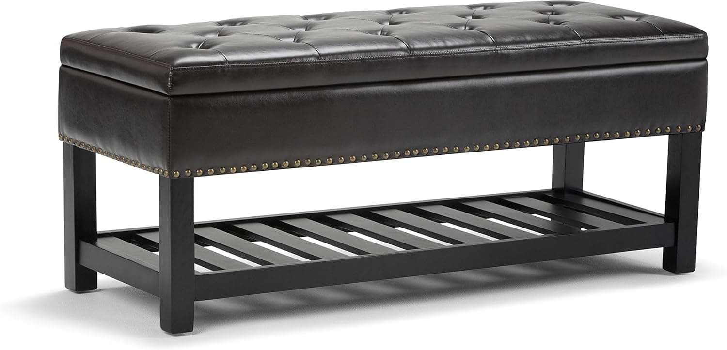 SIMPLIHOME Lomond 43 inch Wide Rectangle Storage Ottoman Bench with Open Bottom and Lift Top in Tanners Brown Tufted Footrest Stool, Faux Leather for Living Room, Bedroom, Transitional