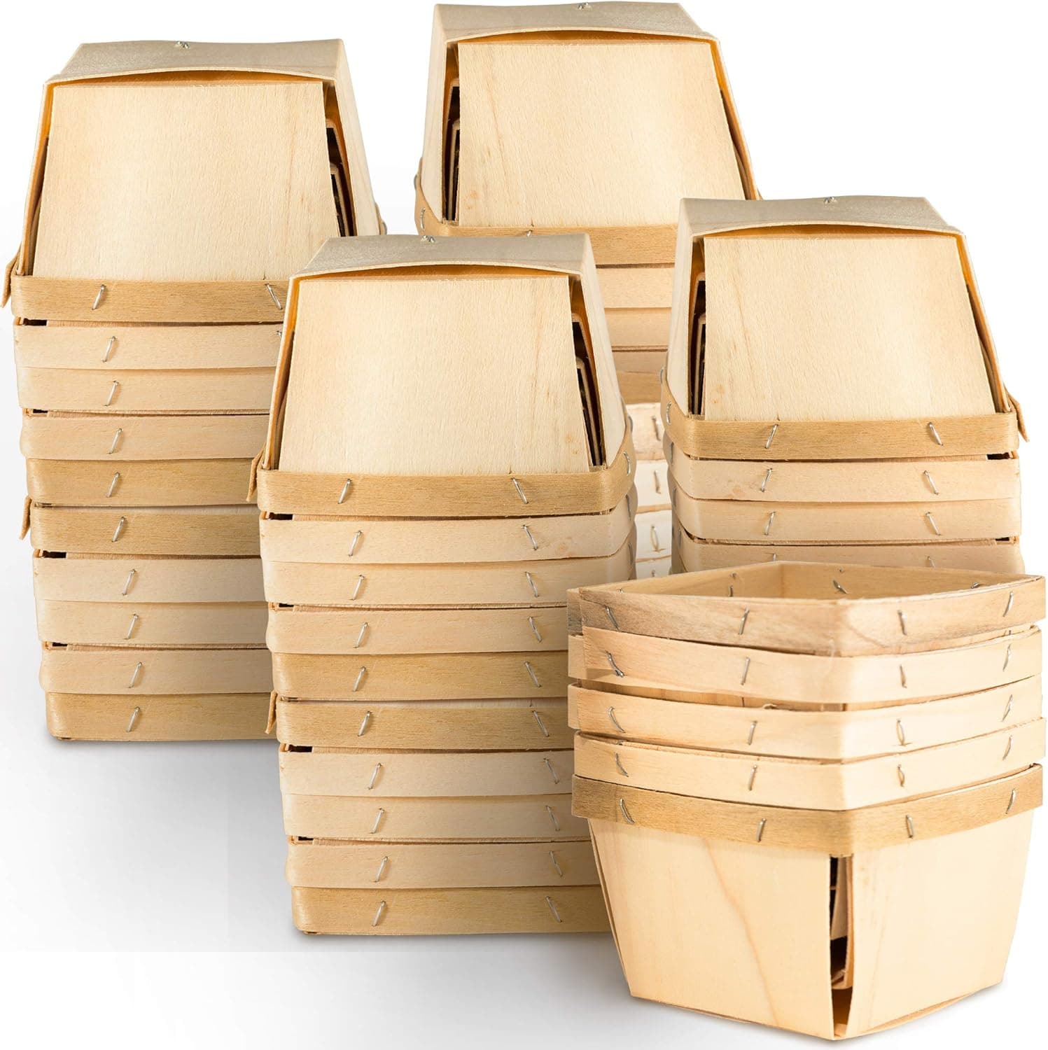 One Pint Wooden Gift Baskets (25 Pack); for Picking Fruit or Arts, Crafts and Decor; 4"x4"x2.5" Square Vented Wood Boxes