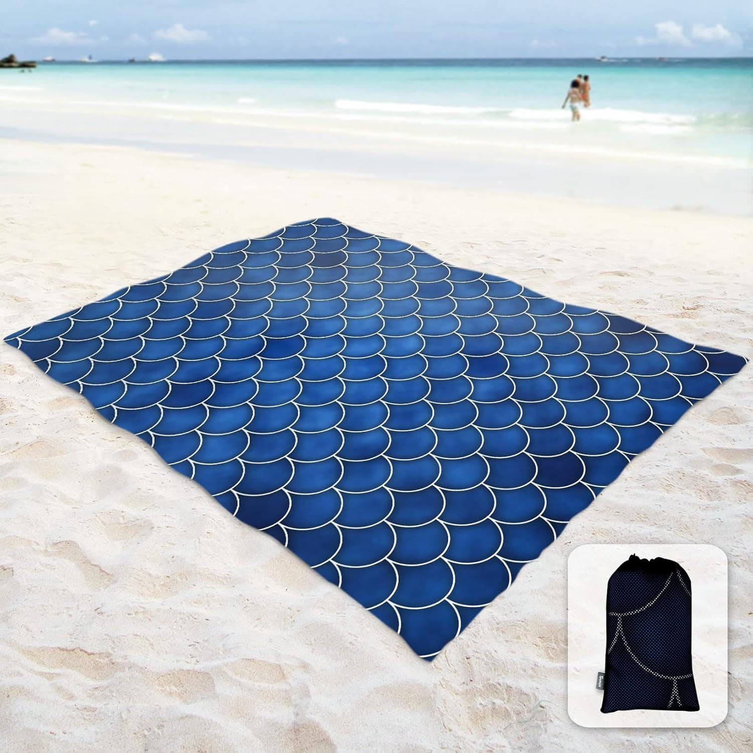 Sunlit Silky Soft Sand Proof Beach Blanket 106"x81" / 85"x72" Sand Proof Mat with Corner Pockets and Mesh Bag for Beach Party, Travel, Camping and Outdoor Music Festival, Dark Blue Mermaid Tail Scale