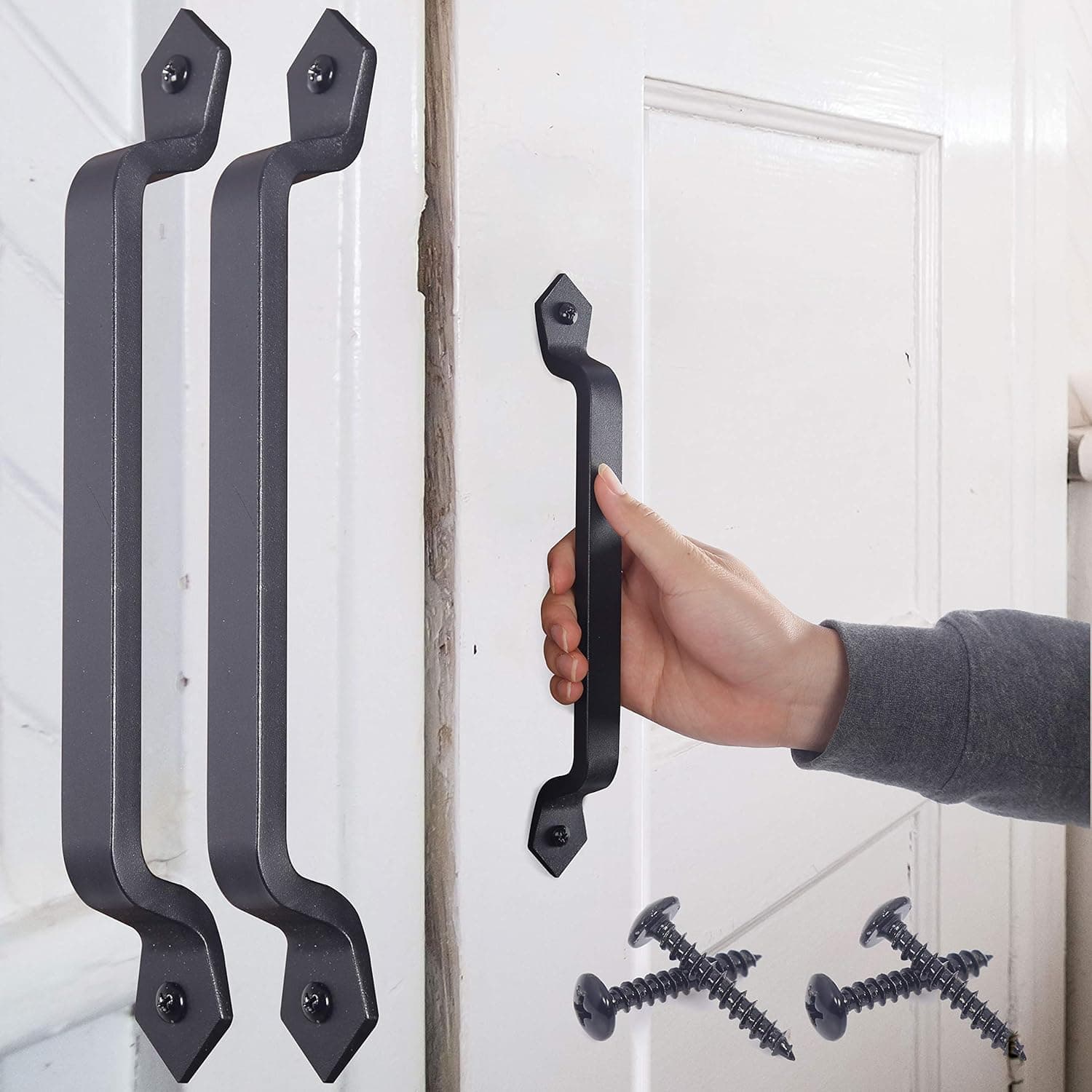 WEBI Rustic Gate Handle:11 Inch Cast Iron Sliding Barn Door Handle,Vintage Metal Gate Pull Handle Fence Handle Antique Long Cabinet Handles for Outdoor,Garage,Closet,Interior,Black,2 Packs