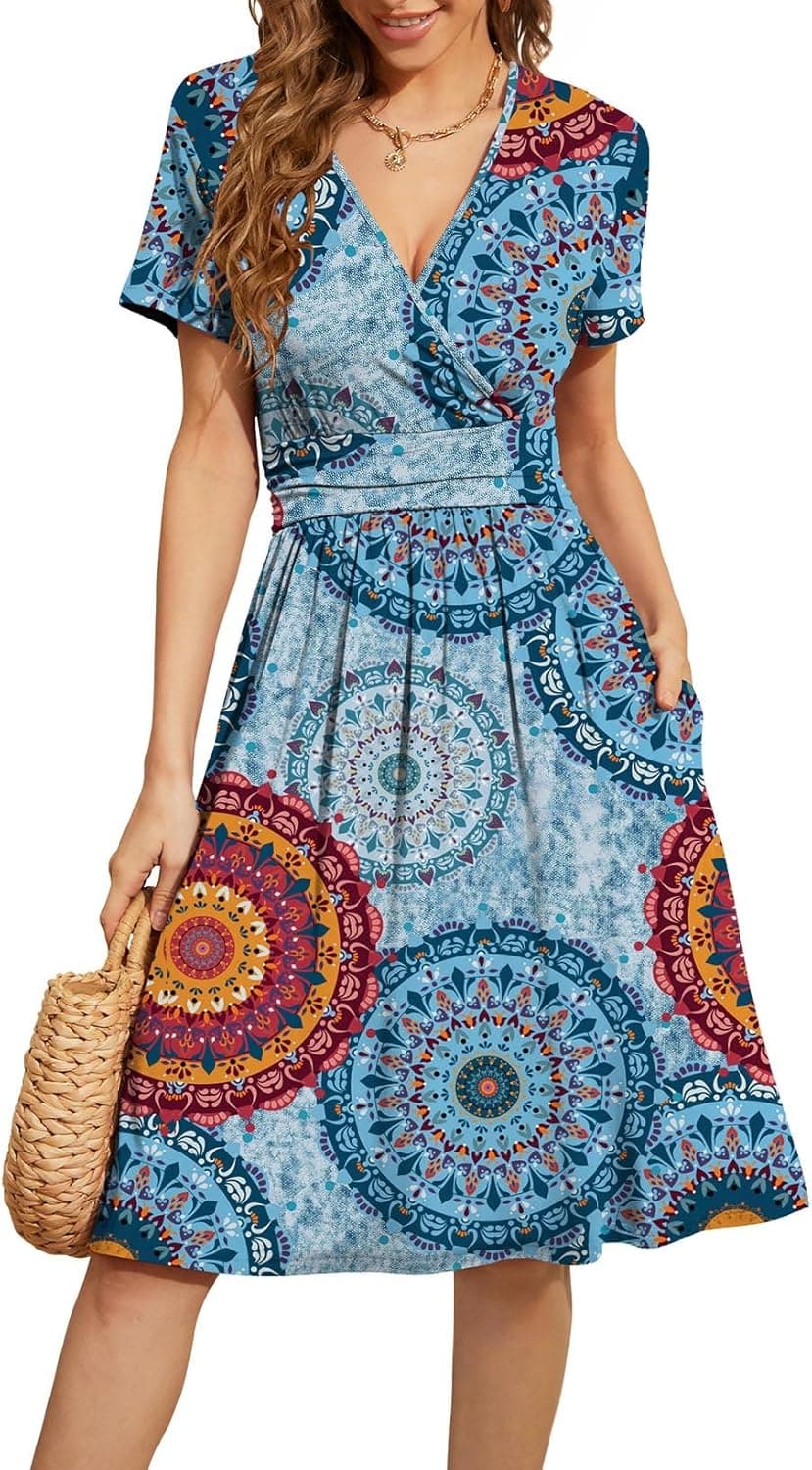 WEACZZY Women's Summer Short Sleeve Casual Dresses V-Neck Floral Party Dress with Pockets