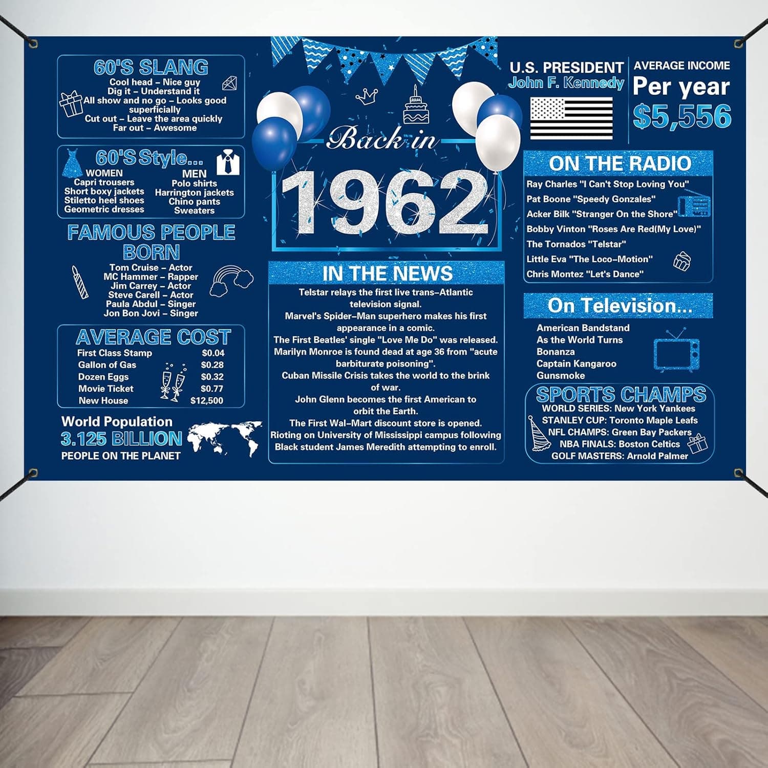 Crenics Blue Silver 61st Birthday Decorations, Vintage Back in 1962 Birthday Backdrop Banner, Large 61 Years Old Birthday Anniversary Poster Photo Background Party Supplies for Men Women, 5.9 x 3.6 Ft