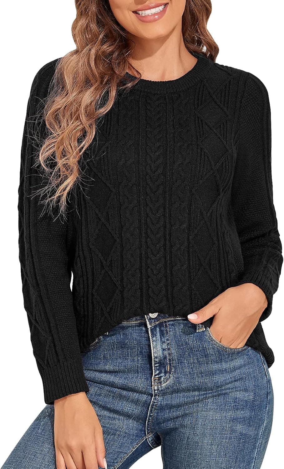 PrettyGuide Women's Sweater Crewneck Cable Knit Long Sleeve Pullover Tops