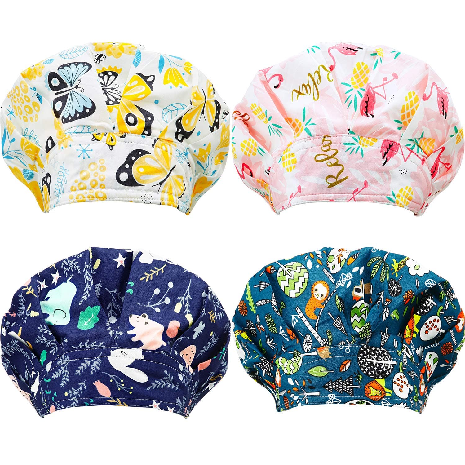 SATINIOR 4 Pieces Adjustable Caps Cotton Bouffant Cap Elastic Bouffant Cap Head Hair Covers with Sweatband for Women Men (Summer Animal Pattern), Multicoloured, Medium