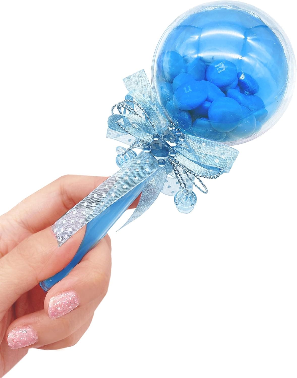48 Pieces Fillable Baby Rattle Party Favors, Blue with Decorative Bear & Ribbon