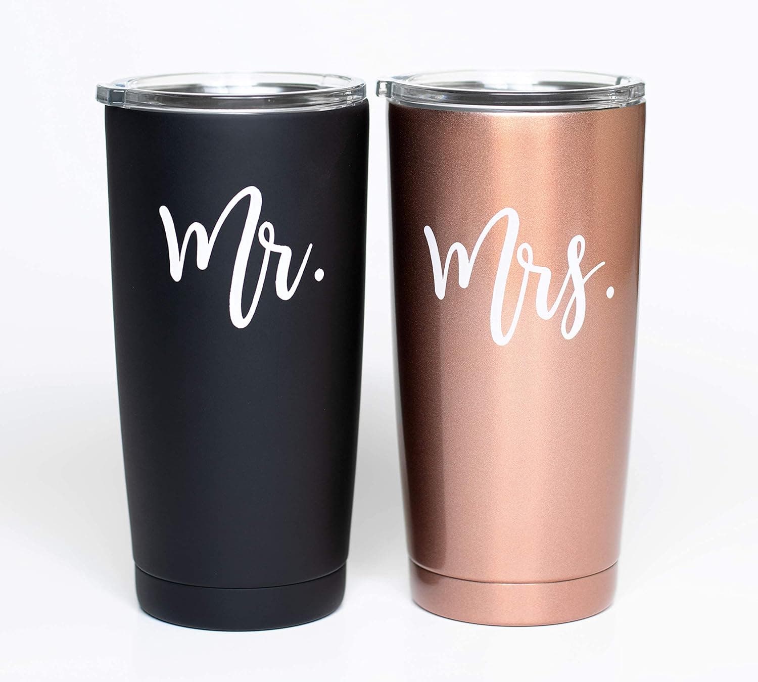 The Navy Knot Mr and Mrs Wine Tumbler Set - Stainless Steel Insulated Tumblers w/Lids - Stemless Wine Glass & Coffee Cup - Gifts for Mom, Dad, Traveler & Adults (Black/Rose Gold, 20 Oz)