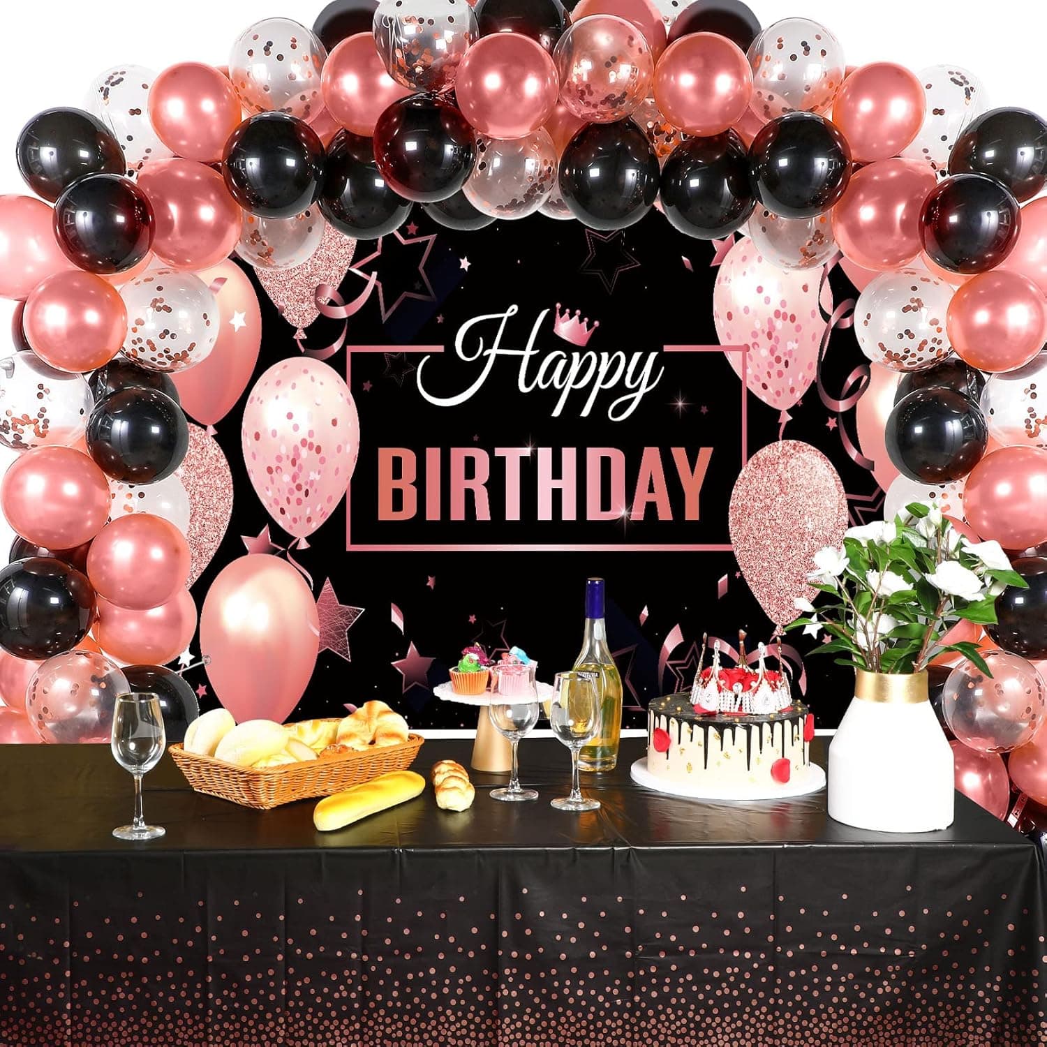 Black and Rose Gold Birthday Party Supplies 57 Pcs Rose Gold Black Balloon Arch Garland Kit Happy Birthday Photography Backdrop Banner Decorations for Women Men Kids Anniversary Birthday Party Decor