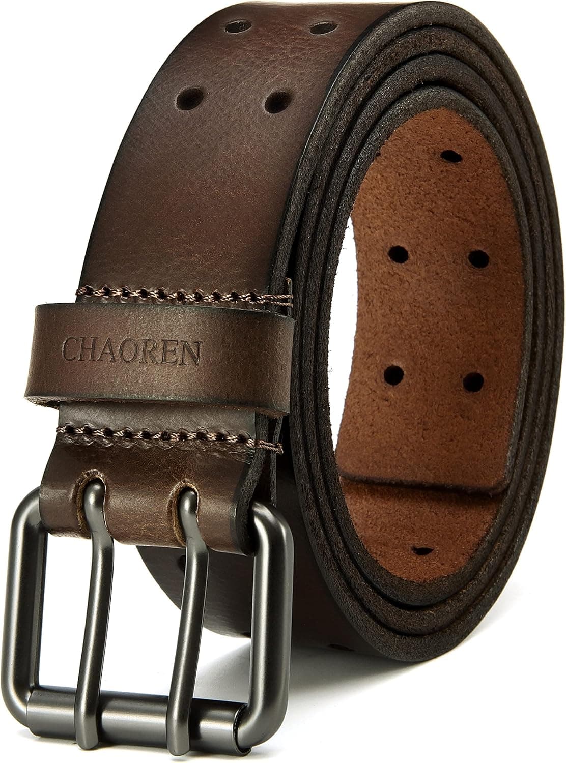 CHAOREN Leather Work Belt - Double Prong Belt 38mm for Jeans and Casual Pants - Handmade Triple Stitching for Durable Use