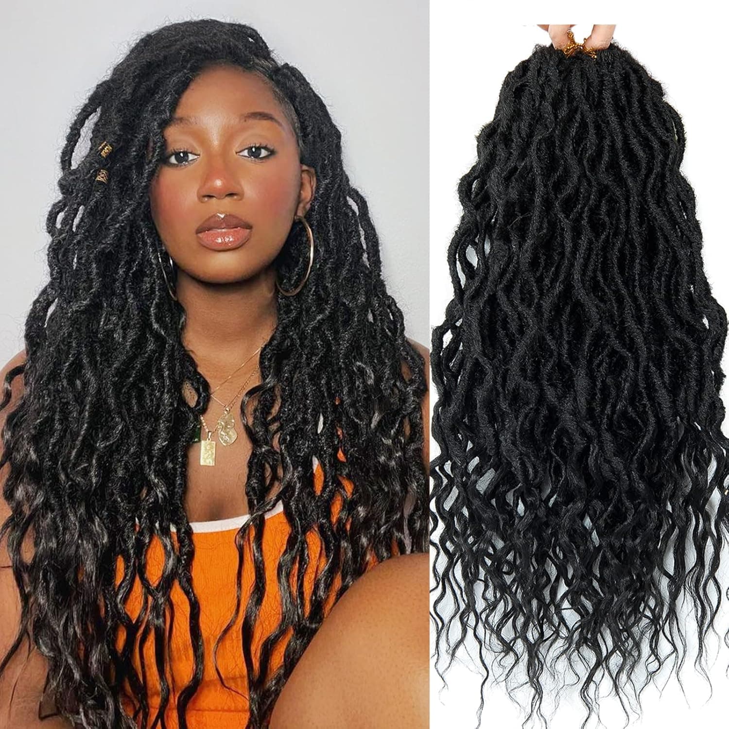 24inch Goddess Locs Crochet Braids Wavy Faux Locs Crochet Hair Curly Ends Dreadlocks Synthetic Braiding Hair Extensions (6Packs, 1B)