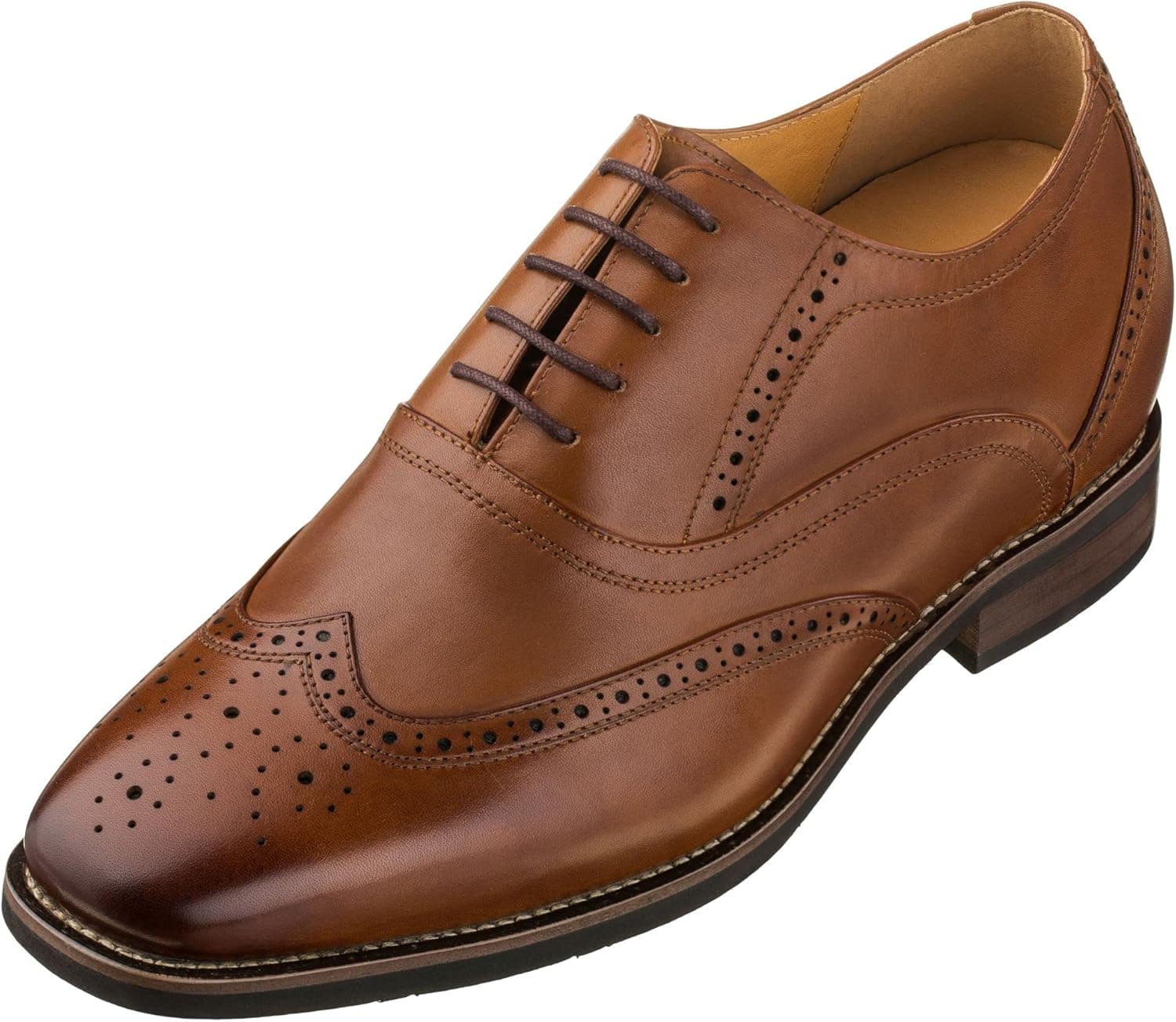CALTO Men's Invisible Height Increasing Elevator Shoes - Dark Brown Leather Lace-up Brogue Wing-tip Oxfords - 2.6 Inches Taller - G60101