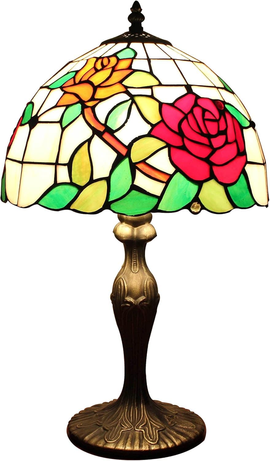 Gweat Tiffany 12-Inch Pastoral Style Stained Glass Rose Series Table Lamp Bedroom Light Reading Light