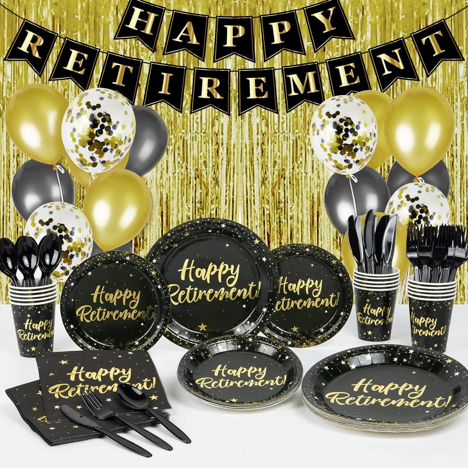 Decorlife Retirement Plates and Napkins Sets Serves 16 with Fringe Curtains, Happy Retirement Decorations, Paper Plates Set, Happy Retirement Banner, Balloons, Total 136 PCS