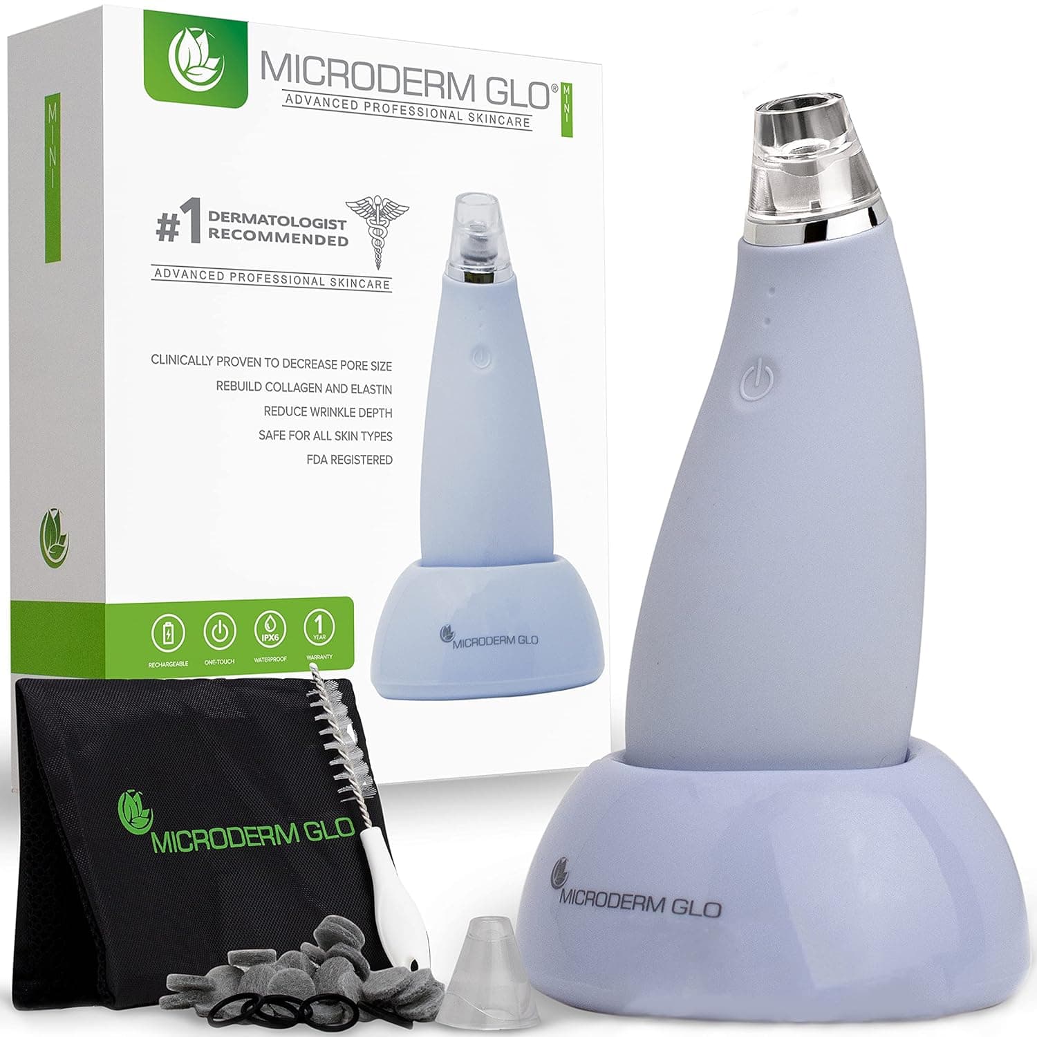 Microderm GLO MINI Blackhead Remover Pore Vacuum & Facial Tool with Microdermabrasion Add-On Option - #1 Advanced Suction Machine for Face and Nose - Promotes Clean Bright Youthful Glowing Skin