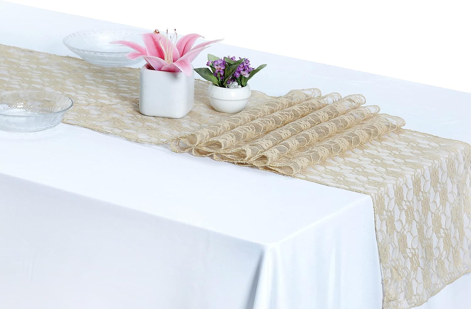 MDS Pack of 10 Wedding 12 x 108 inches Lace Table Runner for Wedding, Decorations for Birthday Parties, Banquets, Graduations, Engagements, and Runners fit Rectangle, Round Table- Champagne Gold