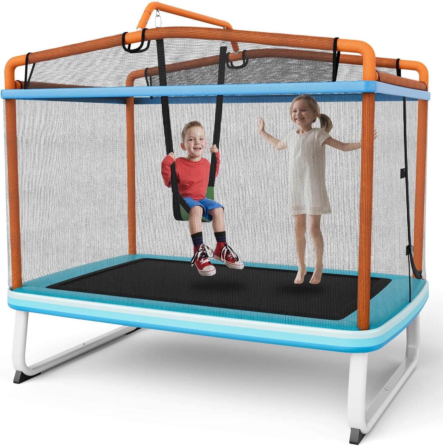 Goplus 6FT Kids Rectangle Trampoline, 75” ASTM Approved Recreational Trampolines with Swing, Horizontal Bar, Mini Toddler Trampoline w/Enclosure Net, Seamless Cover, Outdoor Indoor