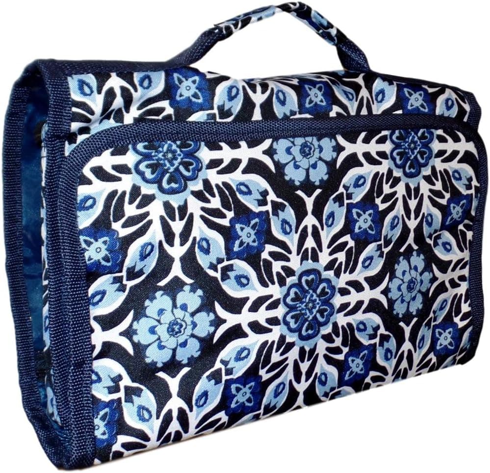 Hanging Toiletry Cosmetic Organizer Bag - Roll up for Storage Travel - Custom Embroidery Available (Blue Geo Flower)