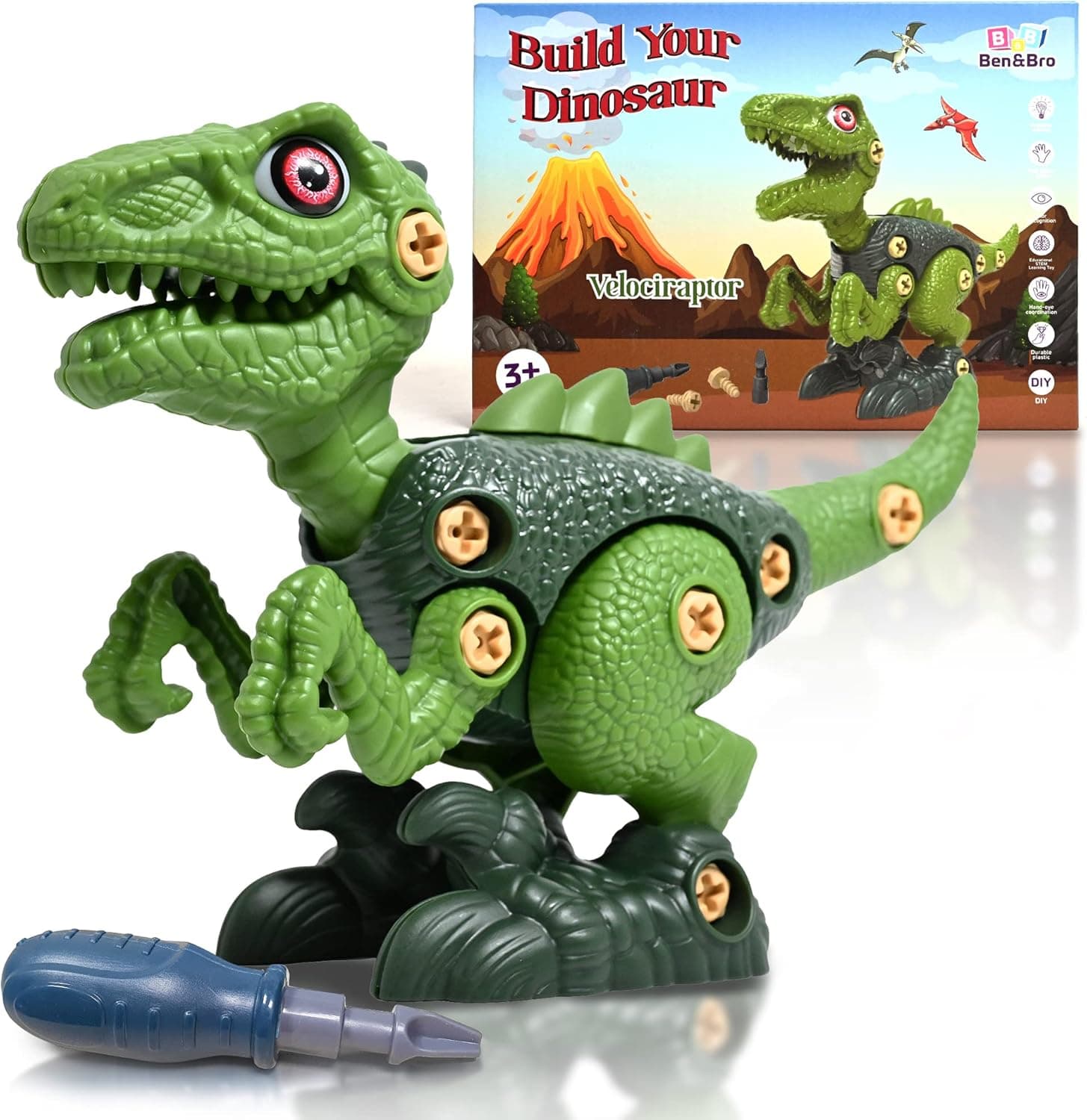 Ben and Bro Dinosaur Toys for Kids 3-5 6 7 8 Years Old, Take Apart Dinosaur Toys for Boys and Girls, STEM Construction Dinosaur Building Kit for Kids, Great Gift Idea, Single Pack (Velociraptor)