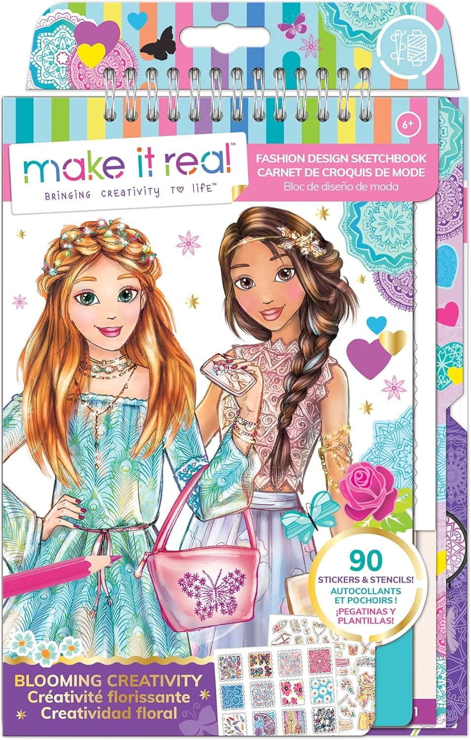 Make It Real: Fashion Design Sketchbook: Blooming Creativity - Includes 90 Stickers & Stencils, Draw Sketch & Create, Fashion Coloring Book, Tweens & Girls, Kids Ages 6+