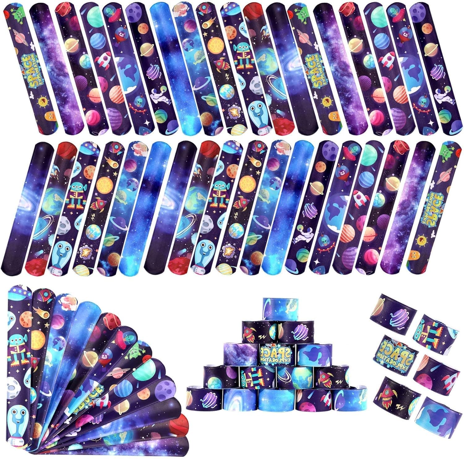 48Pcs Space Slap Bracelets Wristbands, Galaxy Slap Bracelets Toys for Birthday Party Supplies, Bulk Slap Bracelets Gifts for Kids Students Teens Adults Classroom Carnival Prizes