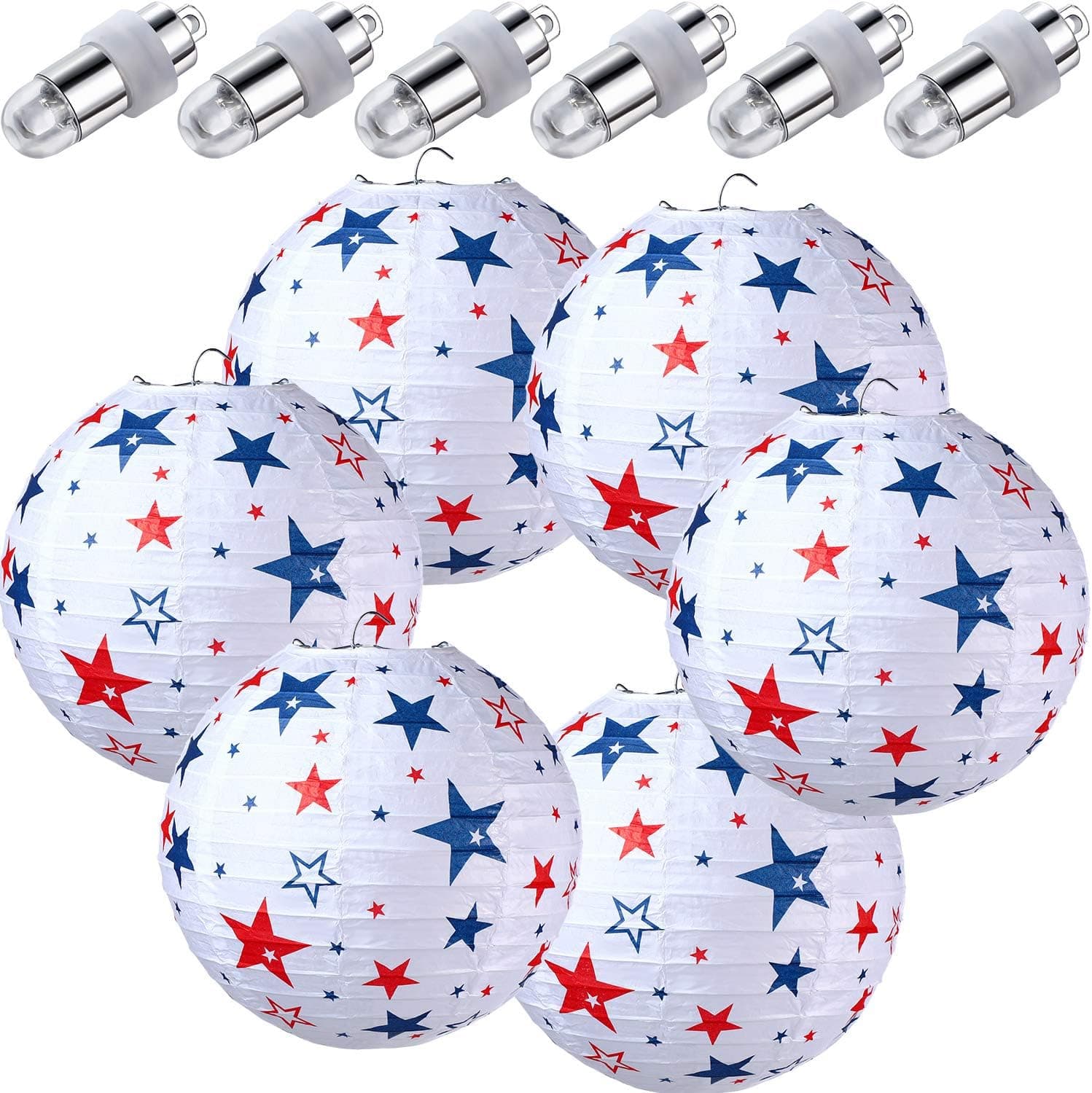 6 Pieces 4th of July Paper Lanterns with 6 LED Paper Lantern Light Patriotic Day Party Decoration Red White Blue Round Hanging Lantern for Independence Day Military Graduation Decoration Favor