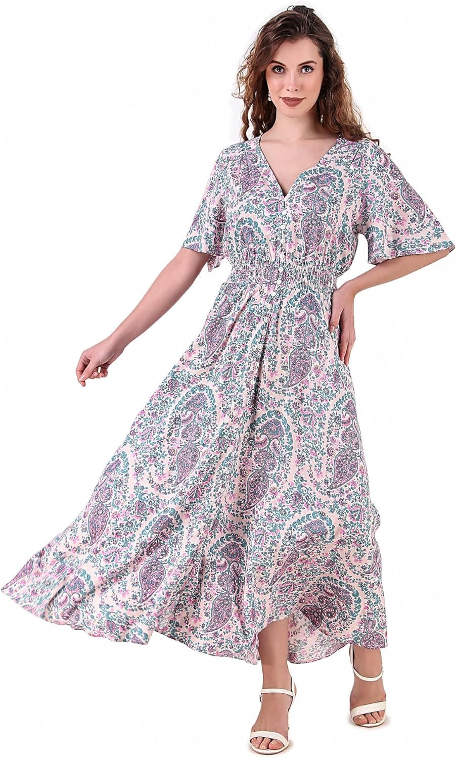 BoheeWohee Women Bohemian 100% Cotton/Rayon Button-Up Split Printed Flowy Party Summer Dress