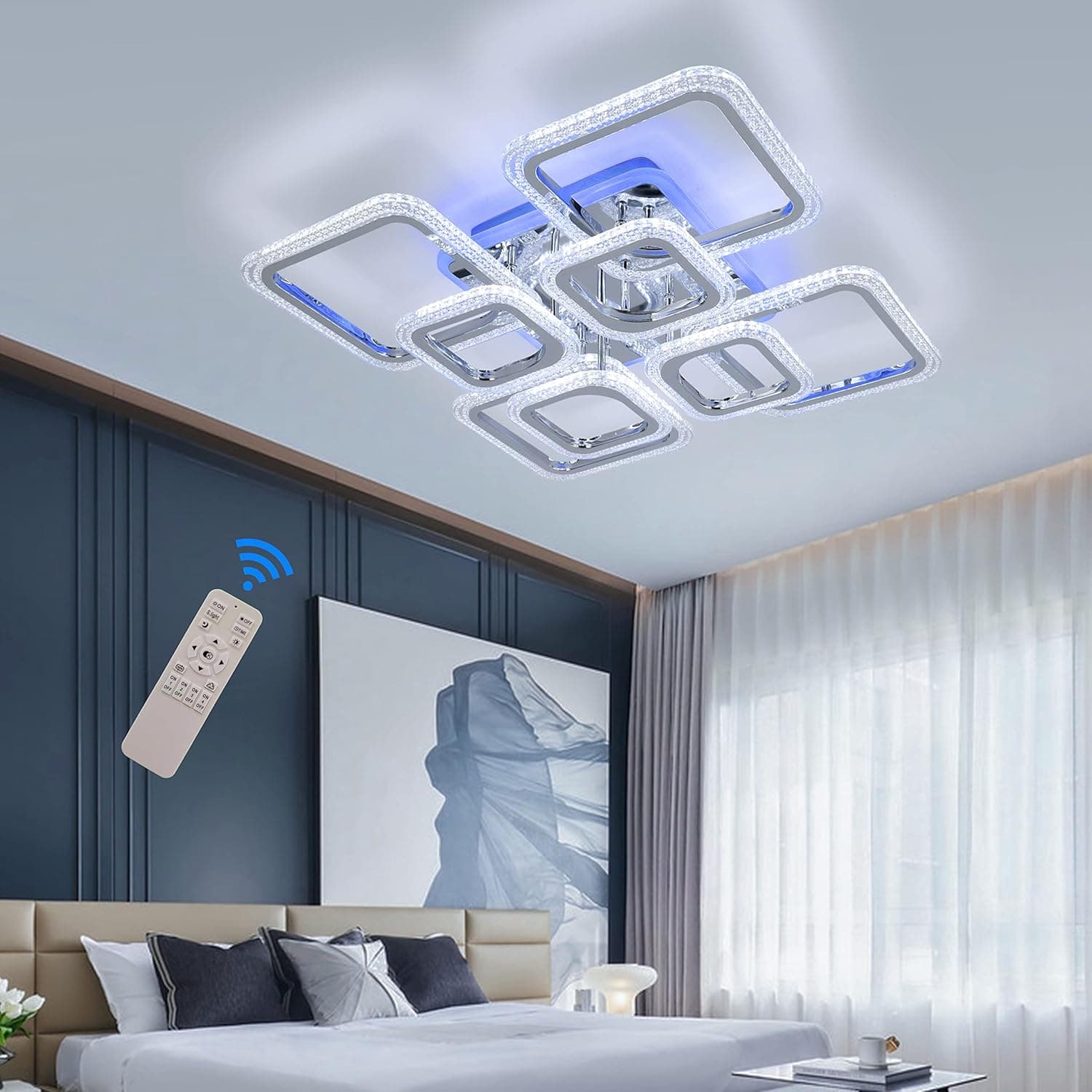 STCH Modern LED Ceiling Light Dimmable,23.6” Modern Ceiling Lamp,8 Squares Chrome Acrylic Remote Control Chandelier Lighting Fixture for Living Room Office Dining Room Kitchen Bedroom 100W