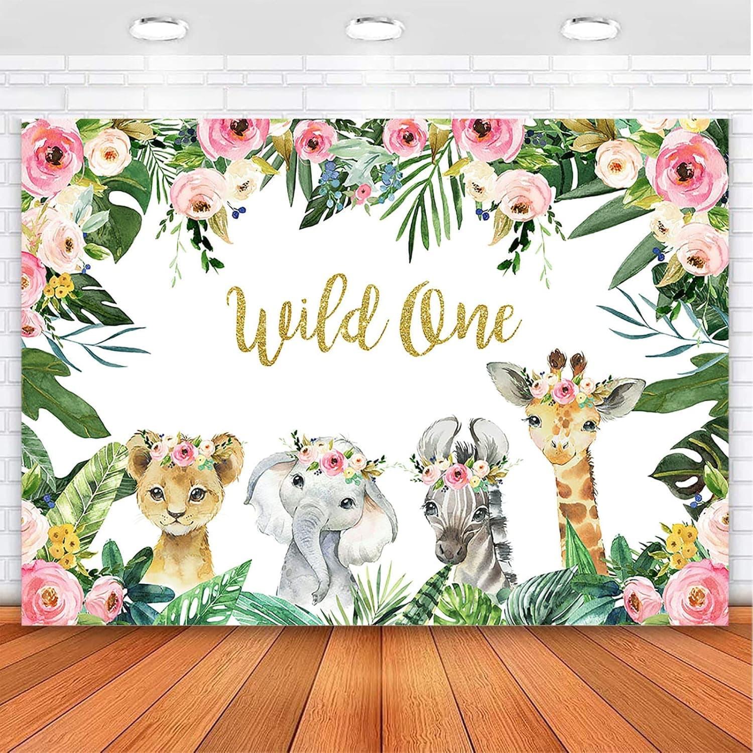 Mocsicka Girl Wild One Backdrop Jungle Safari Animals 1st Birthday Vinyl Photo Background 7x5ft Gold Wild One Birthday Banner Backdrops for Girls Cake Dessert Table Decorations