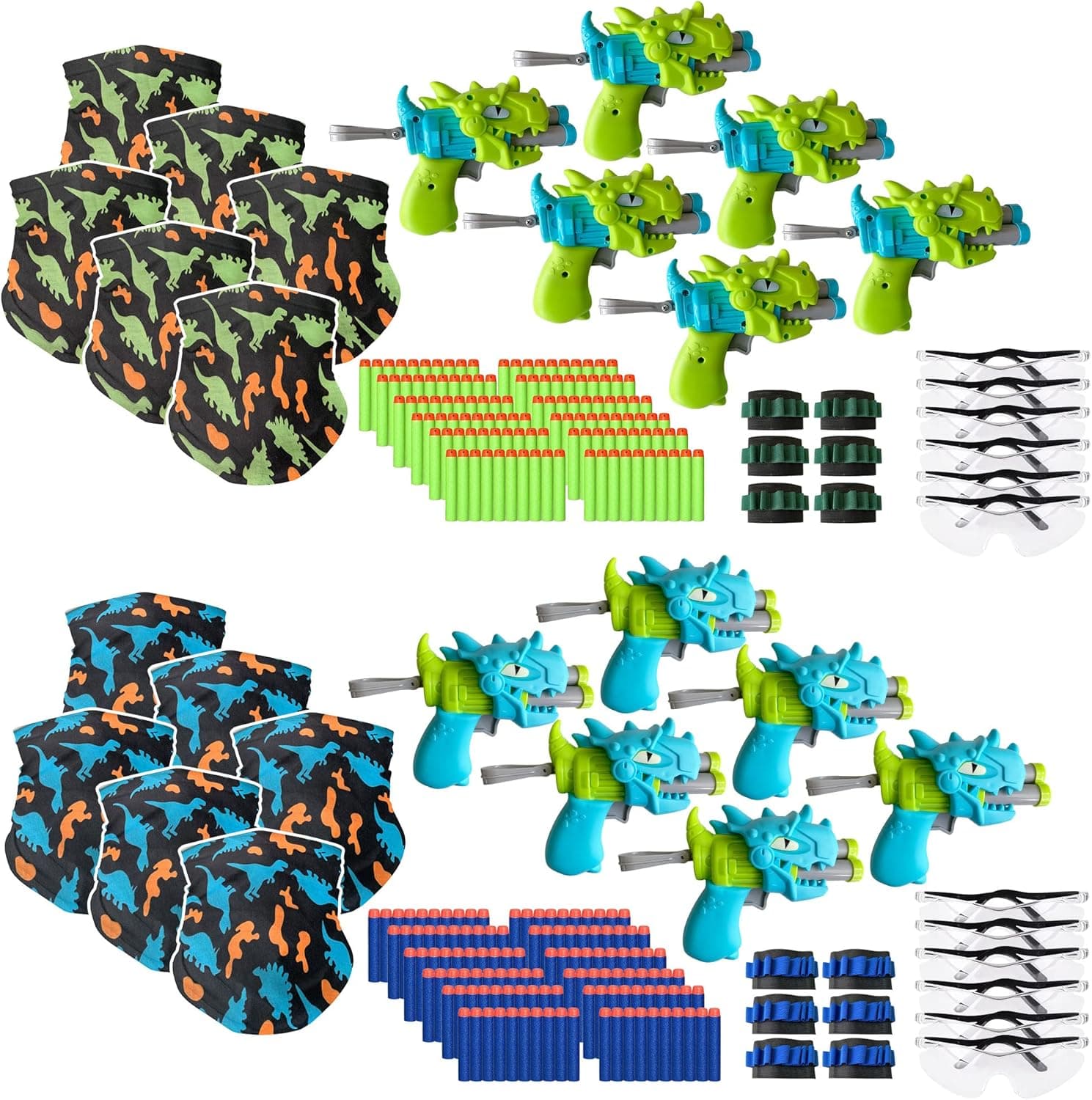 wishery Nerf Party Supplies & Favors - 12 Kids Bulk Pack -Boys Dinosaur Nerf Gun Accessories Set Ages 5+ Years Old. Foam Darts, Toy Blasters, Wrist Bands, Safety Eye Glasses, Masks for Nerf War