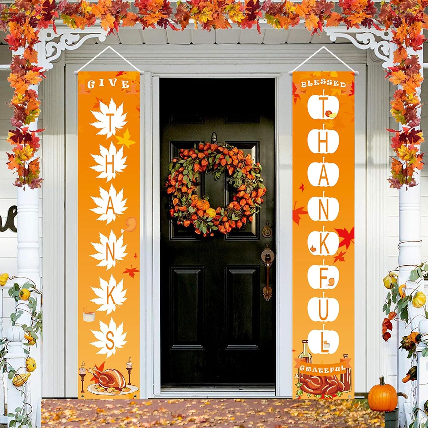 Thanksgiving Banner Fall Harvest Banner Thanksgiving Porch Sign Thankful Banner Thanksgiving Decoration For Home Outside Autumn Door Banner Turkey Pumpkin Maple Thanksgiving Flag Holiday fall 2 PCS