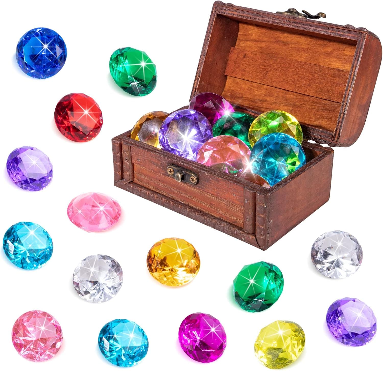 YHmall Diving Gems Pool Toys 15 Big Colorful Diamonds Gem with Big Vintage Treasure Chest Box Underwater Diving Toys Swimming Pool Toys for Kids Ages 4-8 for Summer Pool Party Favors
