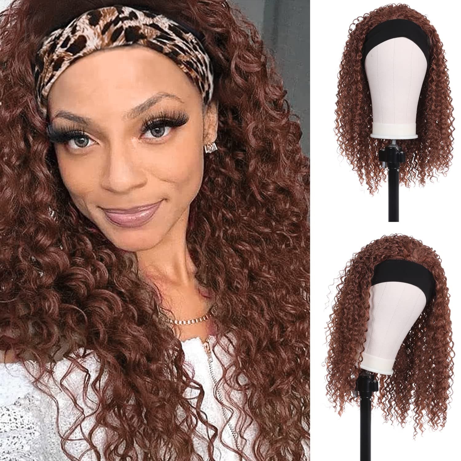 MILD WILD Chocolate Brown Culry Headband Wig Non Lace Wig Natural Looking 200% Density Kanakalon Synthetic Wig 16 Inch-340#