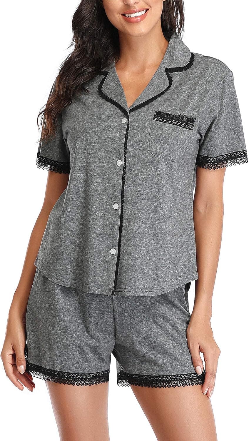 Women's Pajamas Set, Short Sleeve Sleepwear Lace Hem Pj Lounge Sets Nightwear Pajamas for Women S-XL