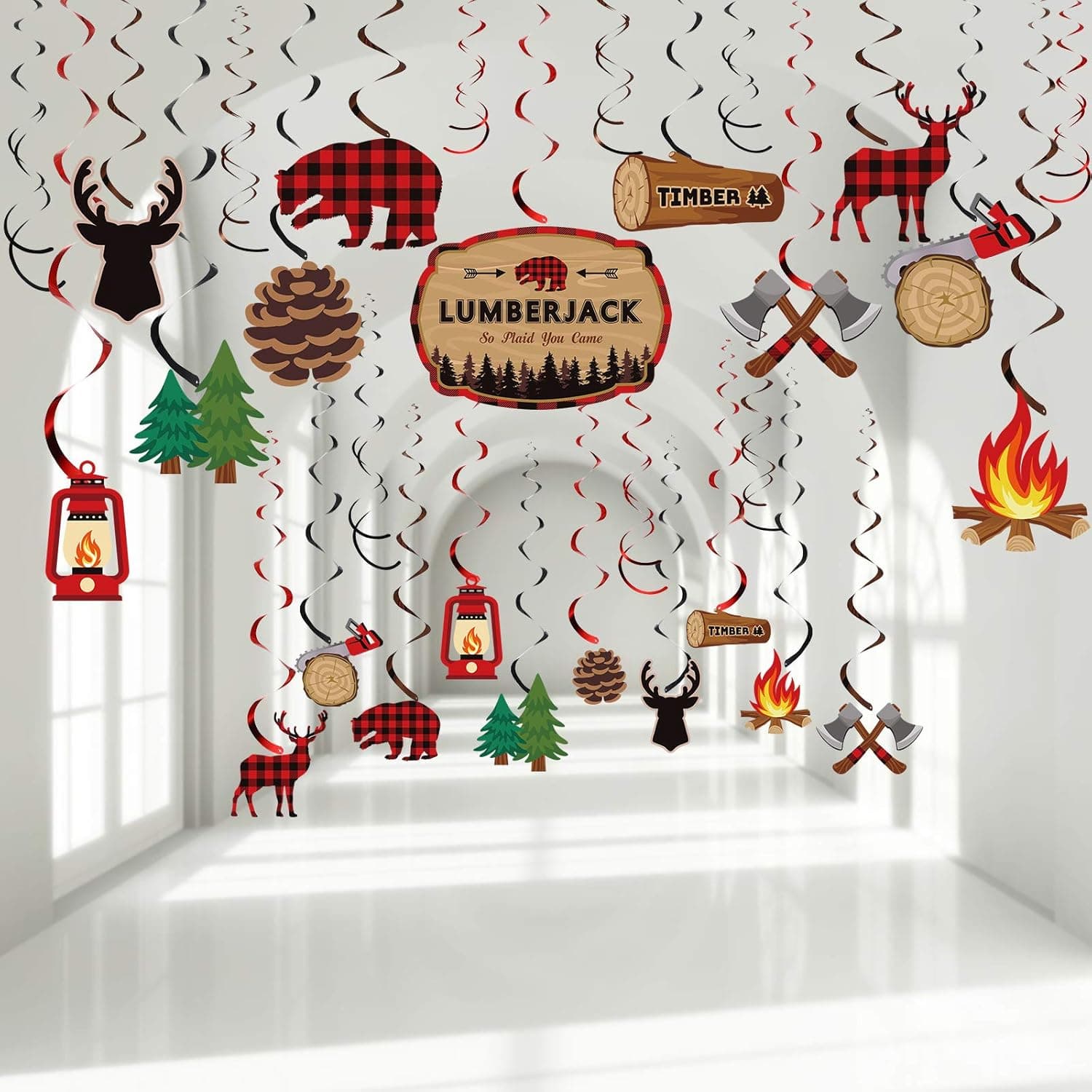 30 Pieces Lumberjack Birthday Decorations Lumberjack Party Hanging Swirls Ceiling Decorations Buffalo Plaid Party Bears Deer Sign Foil Swirls Lumberjack Christmas Party Favors Supplies