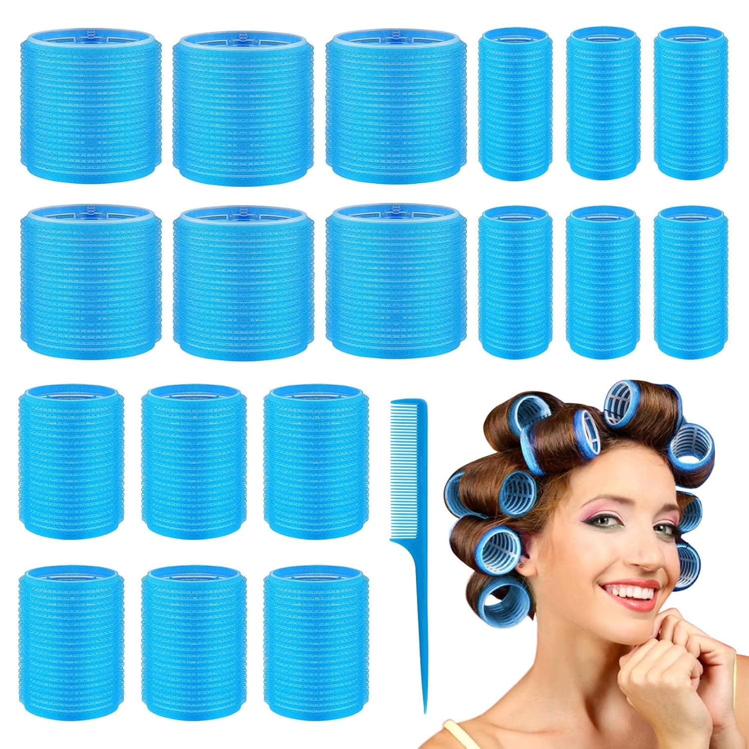 Jumbo Hair Rollers Sets, Self Grip Hair Rollers 2.6 Inch, No Heat Curlers for Long Hair, and Plastic Long Tail Comb for DIY or Salon Hair Styling, 3 Sizes 18 Pieces, 6 Jumbo, 6 Large and 6 Medium