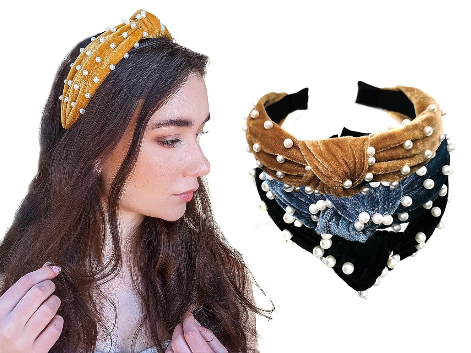 Styla Hair 3 Pack Velvet Knotted Headband with Pearls Vintage Fashion Head Bands No Slip Fashion for Women Girls Hairband Accessory Head Bands Wrap for Work, School, Parties & More! (Gold, Blue & Black)