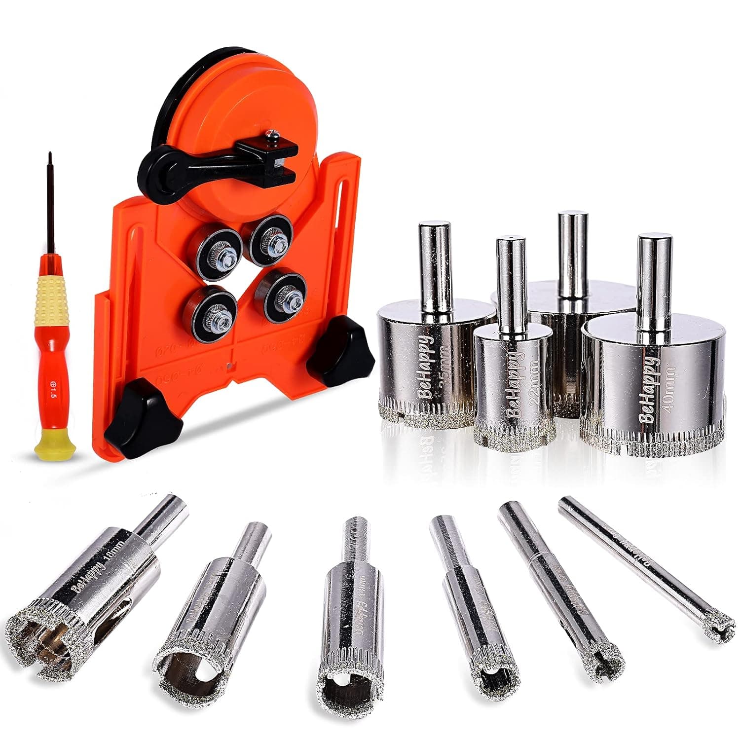 BeHappy Diamond Drill Bit Set 10Pcs Hole Saw Set with Hole Saw Guidance Fixture, Hollow Core Drill Bit Set for Diamond Coating, Suitable for Ceramic, Glass, Tile, Porcelain, Marble, 6-50mm