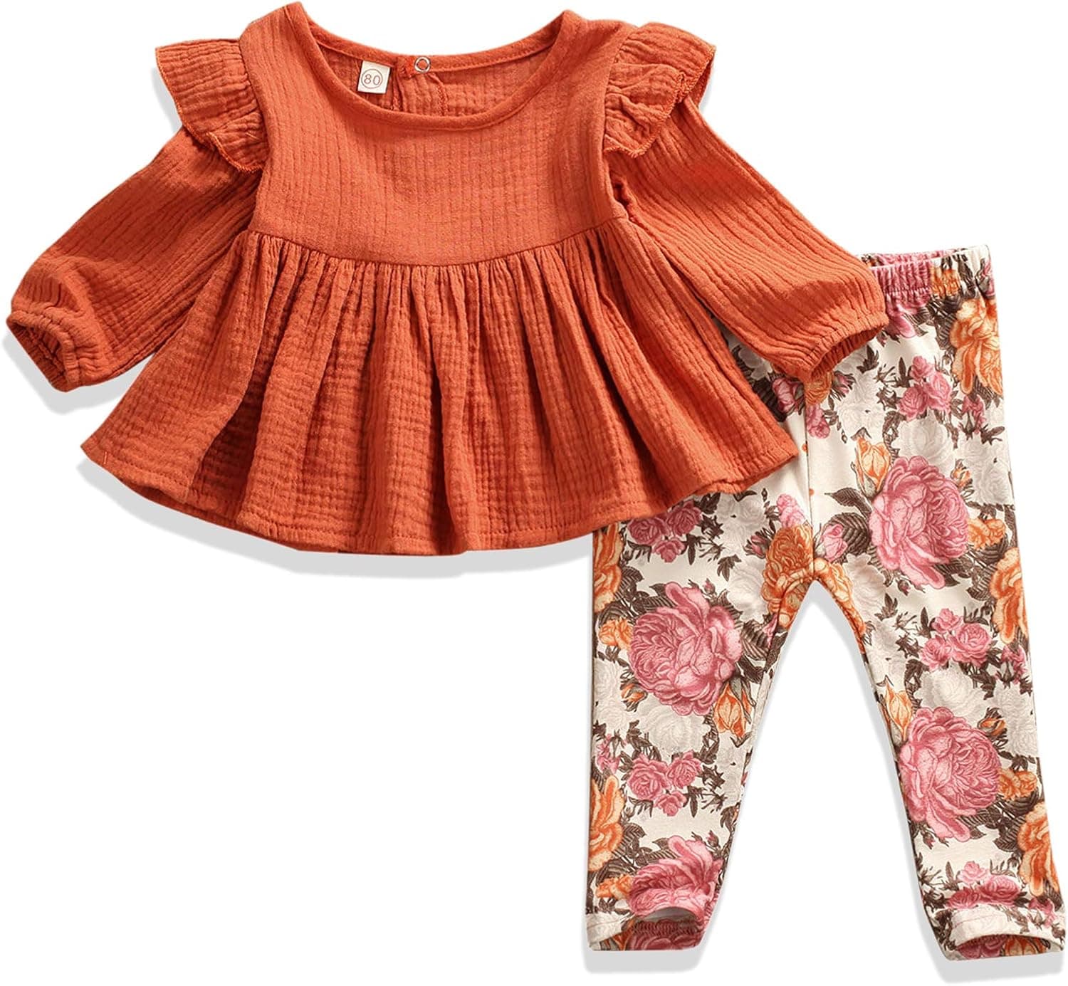 Toddler Little Girls Ruffle Fall Dresses+Floral Leggings Pants Outfit (Floral Brick Red, 12-18 Months)