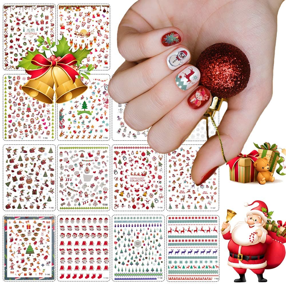 1000+ Patterns Christmas Nail Art Stickers Decals, Kalolary 3D Self-Adhesive Nail Stickers Santa Claus Reindeer Xmas Tree Sock Snowflakes Snowman Elk Nail Decals for Christmas Manicure(14 Sheets)