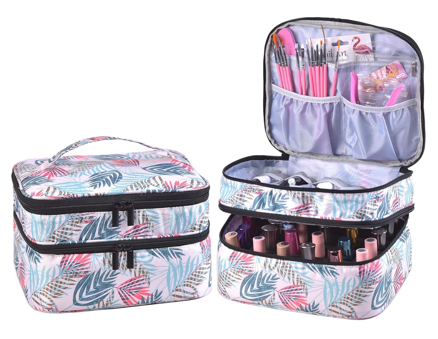 ZFZGFRCS Nail Polish Organizer- Holds 30 Bottles Nail Supply Organizers and Storage Double-layer Nail Polish Carrying Case Nail varnish Organizer Nail Polish Storage Bag with Handle (Leaf)