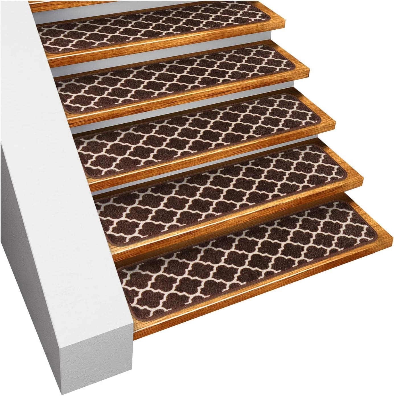 House, Home and More Set of 15 Skid-Resistant Carpet Stair Treads – Moroccan Trellis Lattice – Coffee Brown & Vanilla Cream – 8 Inches X 26 Inches