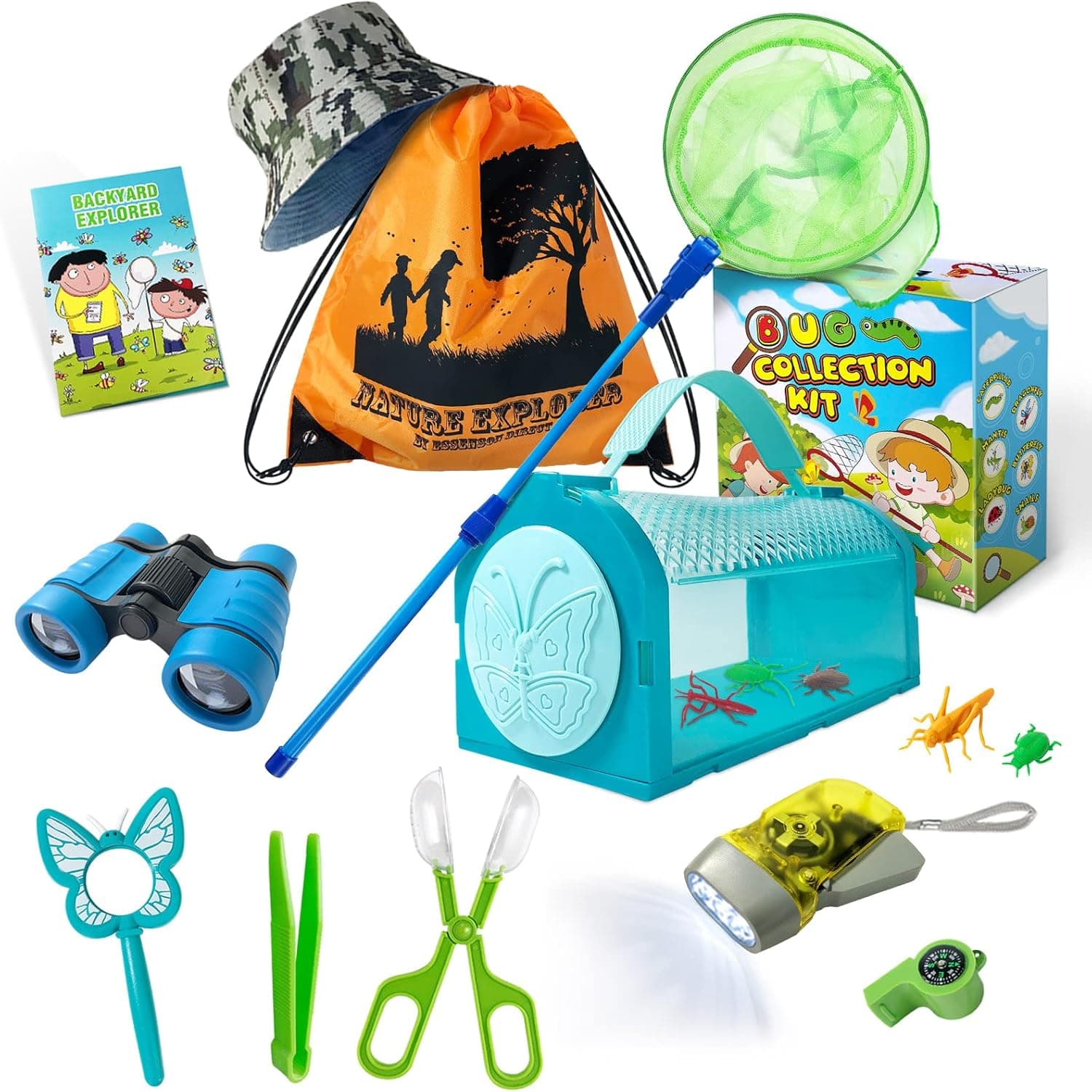 Bug Catcher Kit - Toy Gift for Age 3 4 5 6 7 8+ Years Old Boys Girls Kids Outdoor Explorer Kit with Bug House, Binoculars, Magnifying Glass, Butterfly Net, Camping, Adventure