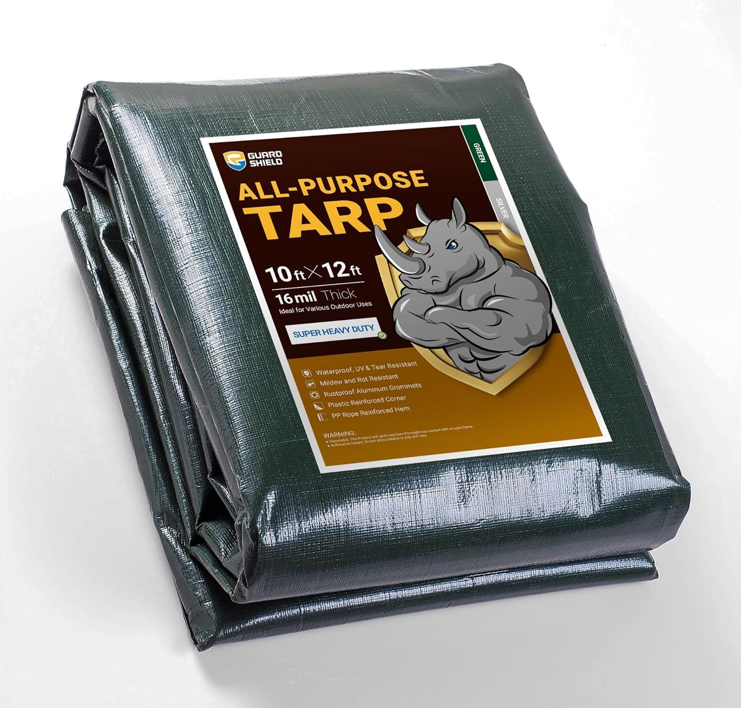 GUARD SHIELD Super Heavy Duty Green/Silver Poly Tarp Cover 10x12 Feet Waterproof 16mil Thick UV and Tear Resistant Tarpaulin with Grommets and Reinforced Edges