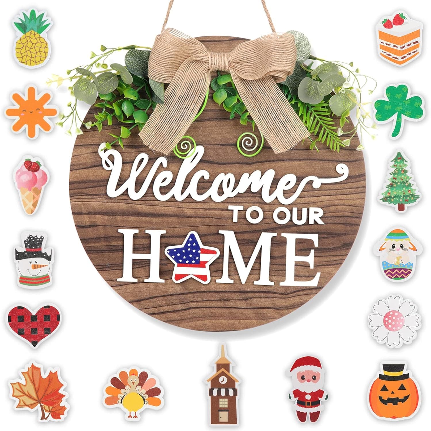 Interchangeable Seasonal Welcome Sign For Front Door Decor, Holiday Welcome To Our Home Hanging Door Sign For Front Porch 16 Holiday Icons Farmhouse Outdoor Housewarming Gifts Christmas Door Decor