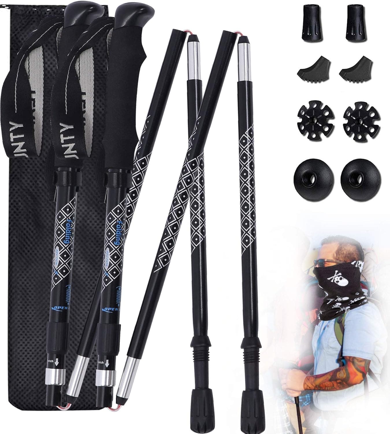 Trekking or Hiking Poles-2 Pack Strong Folding Walking Stick,Lightweight Aluminum 7075,Adjustable Quick Flip-Lock,Anti-Shock for Camping, Mountaining, Backpacking