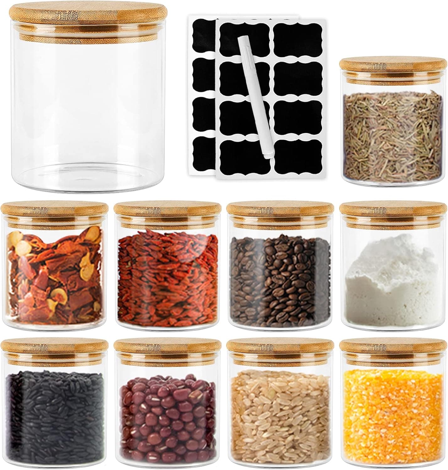 Glass Jars Set 16oz 9 Pack for Food Storage with Bamboo Lids Airtight Kitchen Counter Pantry Containers for Dry Food Spice Tea Cereal Beans Stackable Jars