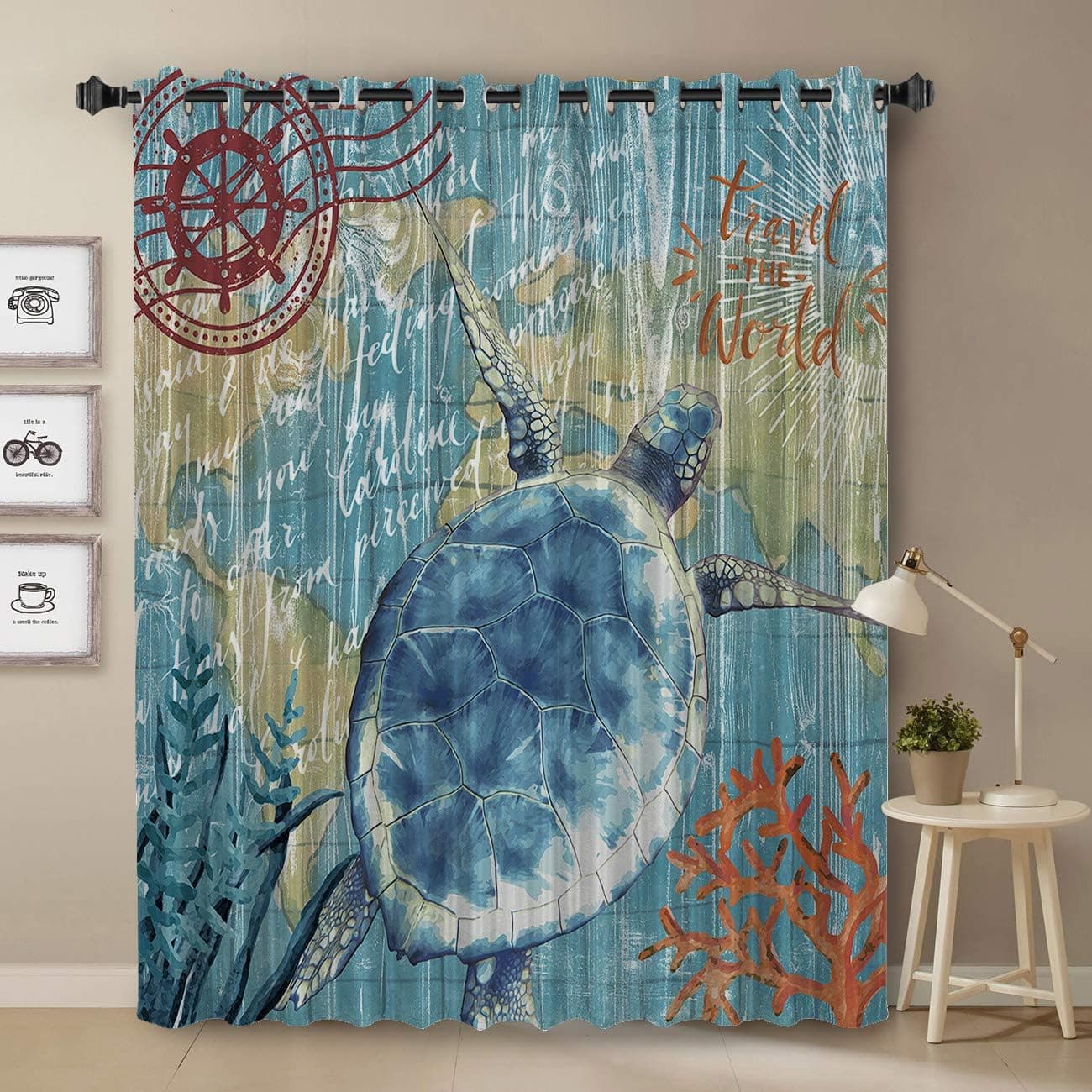 T&H Home Darkening Blackout Curtain for Bedroom - 45 inch Long Window Treatment Curtain Drapes Modern Art Design for Living Room- Sea Turtles Ocean Animals Travel The World Pattern
