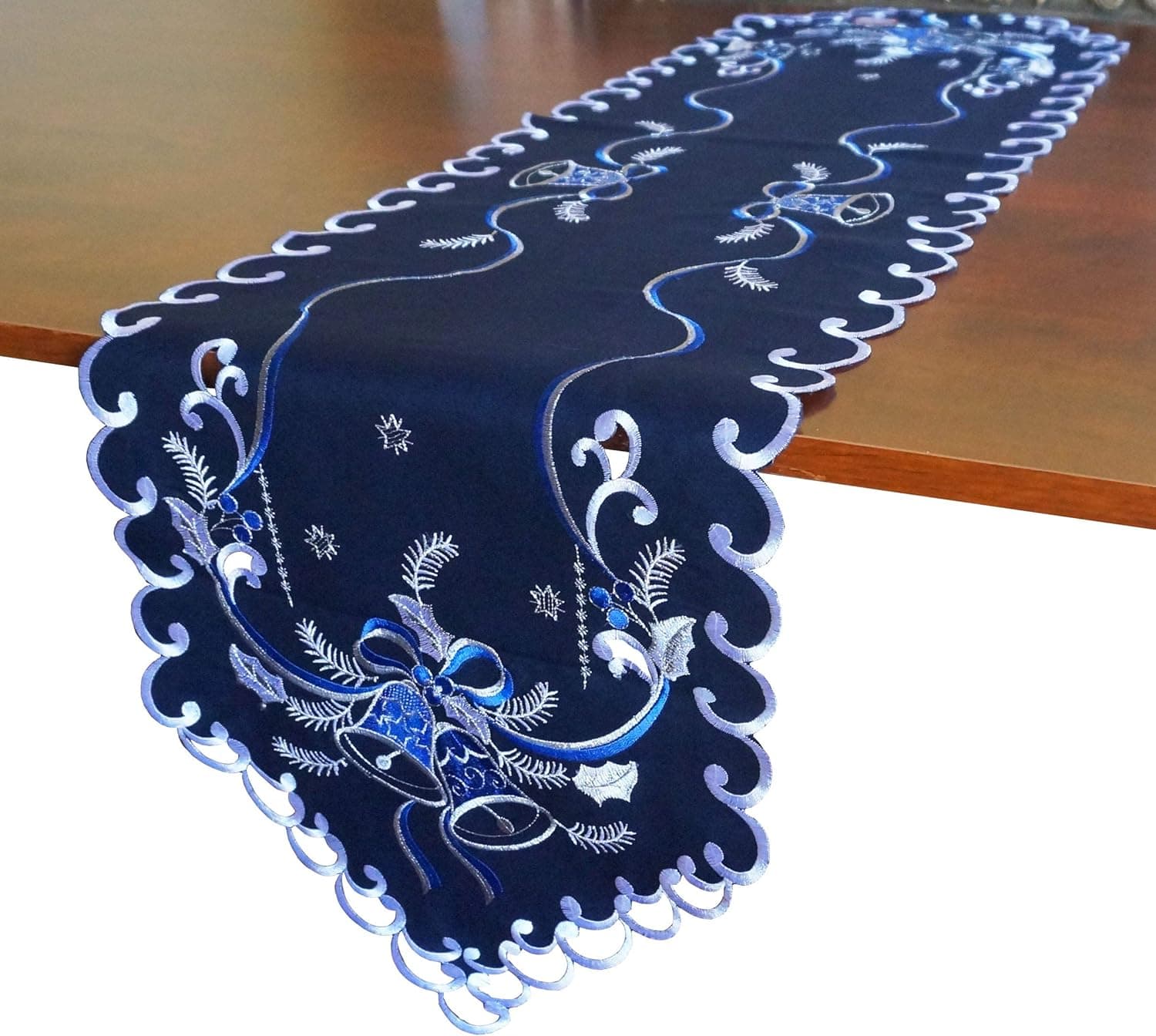 GRANDDECO Holiday Christmas Table Runner 13"x34", Cutwork Embroidered Floral Christmas Blue Bells Dresser Scarf Table Topper for Home Dining Xmas Table Top Decoration