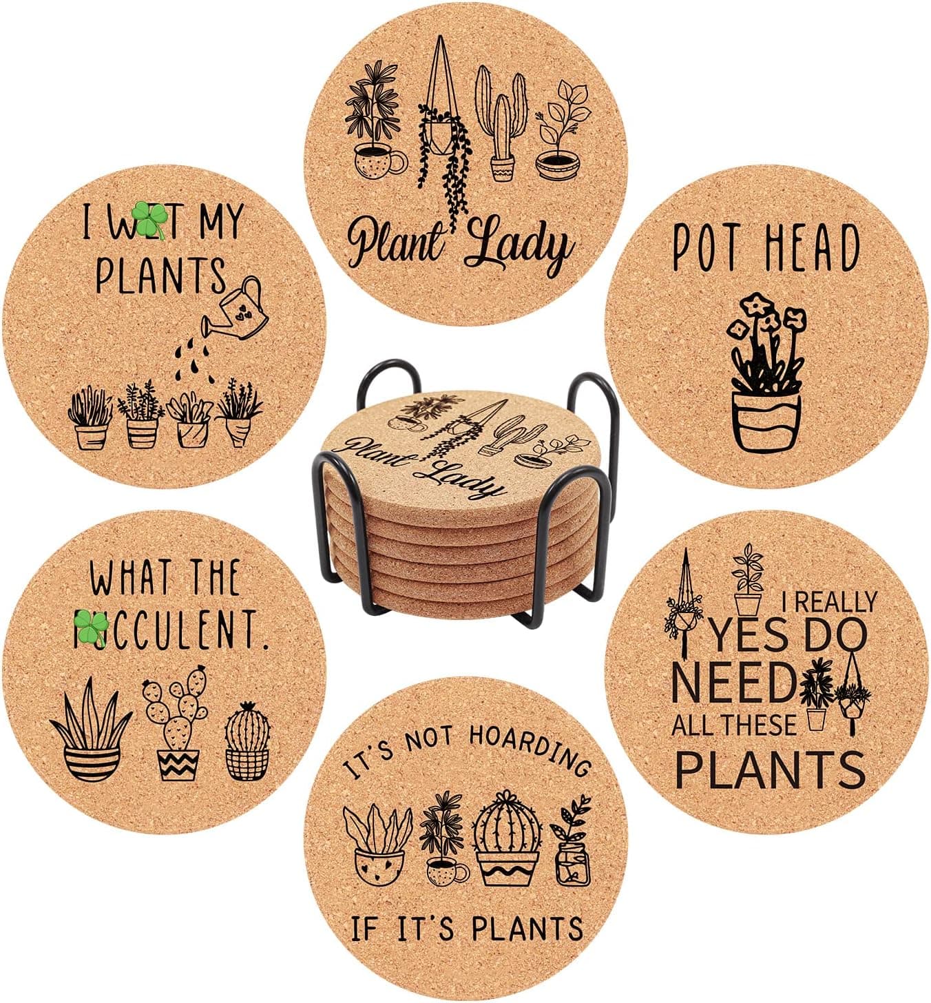 Homento Funny Plant Coasters for Drinks Absorbent with Holder-Plant Gifts for Plant Lovers Women,Funny Succulent Gifts for Gardeners,Crazy Plant Lady Gift,Plant Cork Coasters with Cork Base,Set of 6